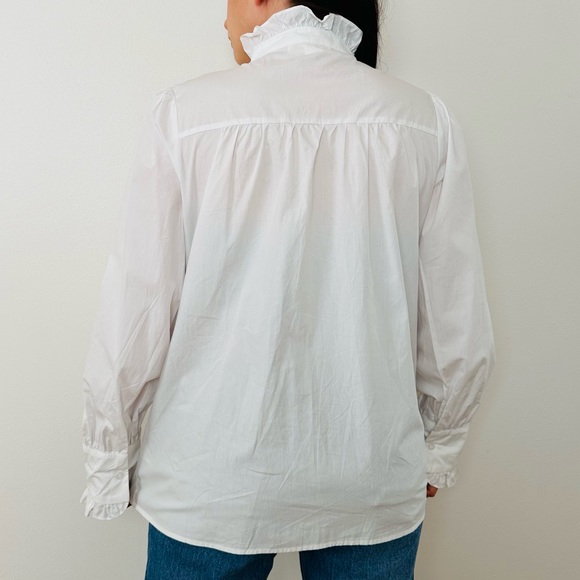 New Mazik Elegant Blouse Button down Shirt Trim Lantern Sleeve Poplin - Picture 4 of 11